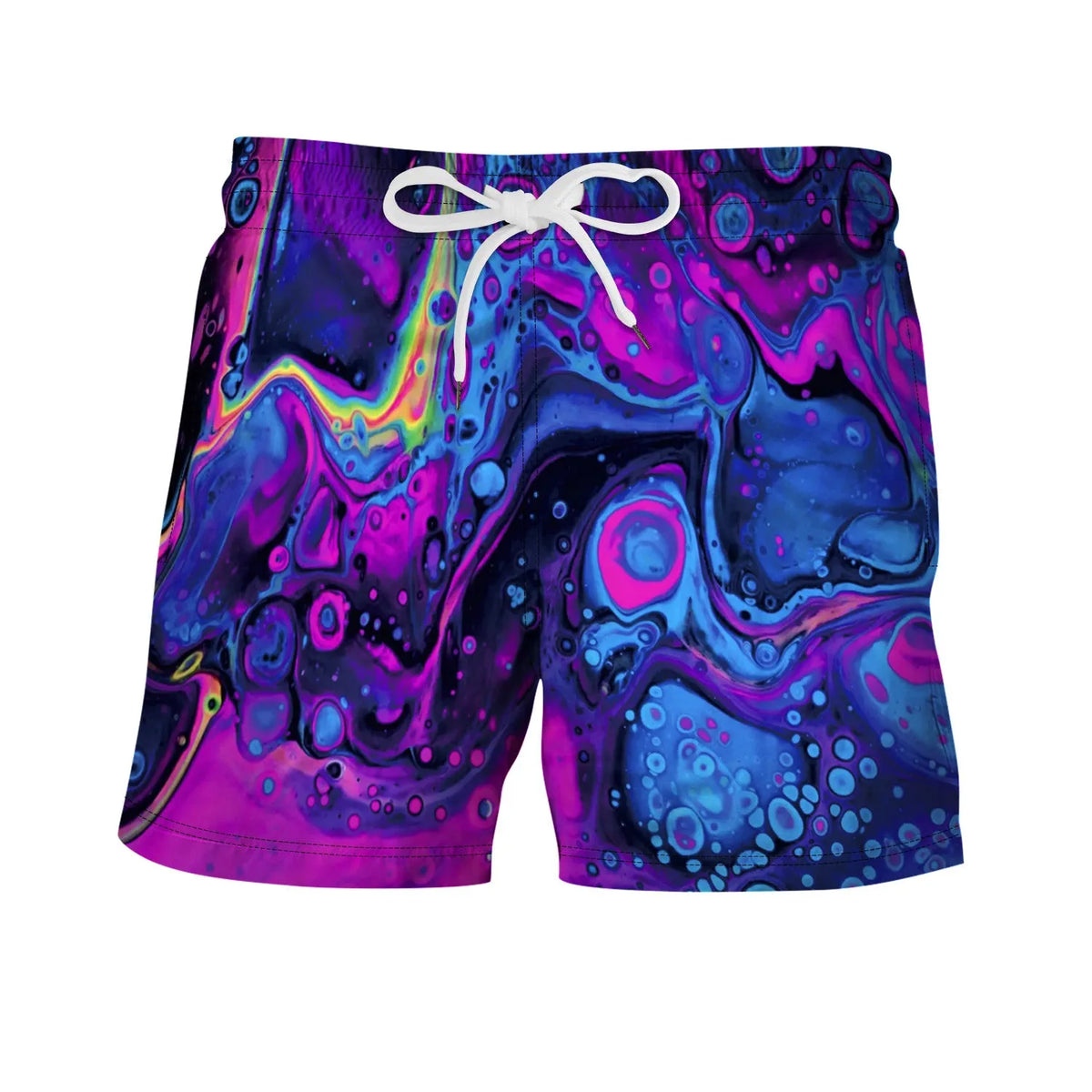 Men's casual beach shorts with digital print pattern, loose mid-waist fit, tether closure, no belt, available in four colours