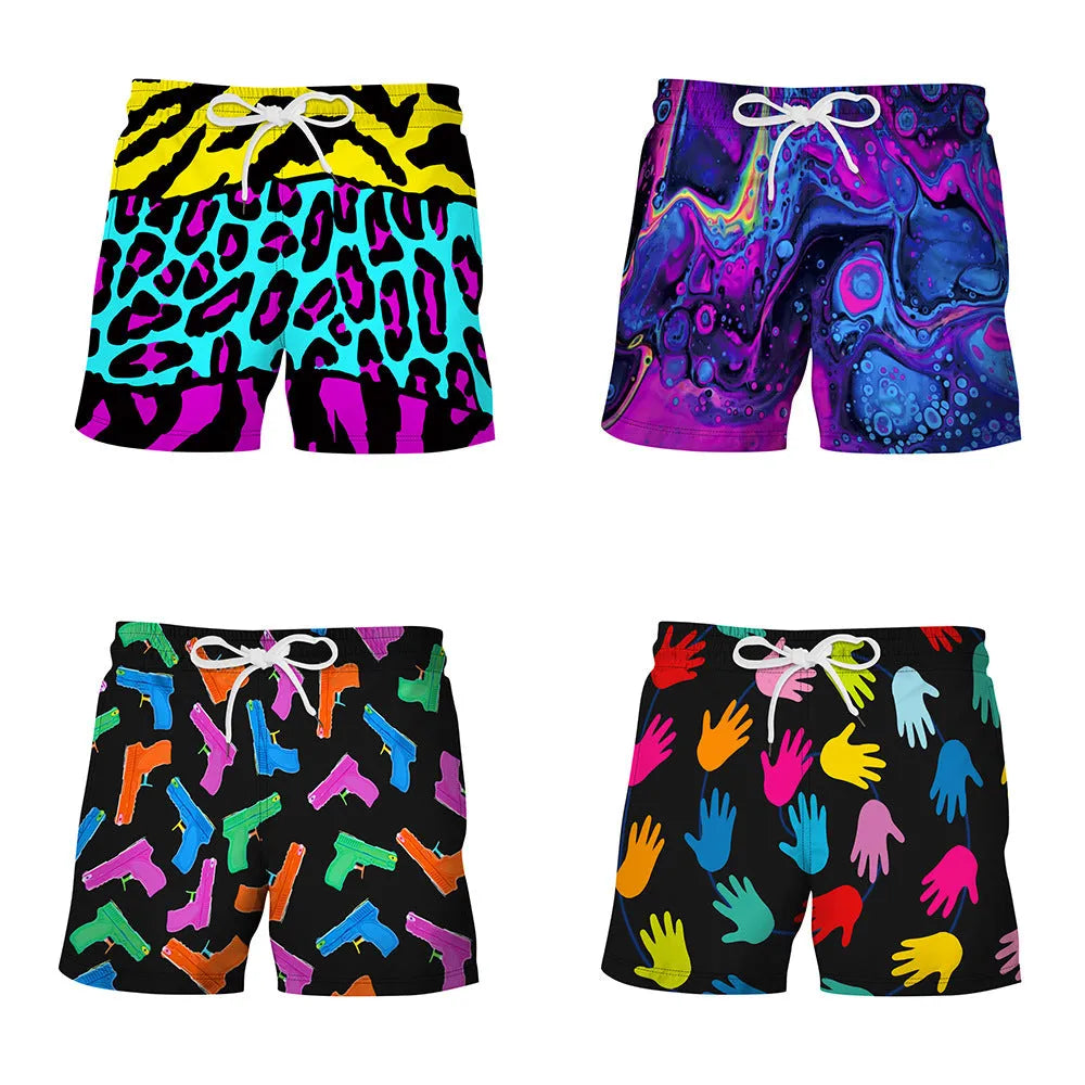 Men's casual beach shorts with digital print pattern, loose mid-waist fit, tether closure, no belt, available in four colours