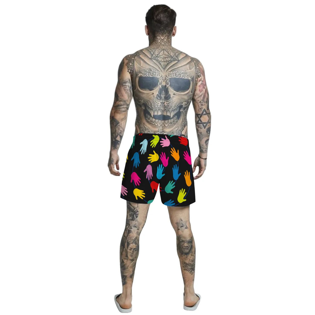 Men's casual beach shorts with digital print pattern, loose mid-waist fit, tether closure, no belt, available in four colours