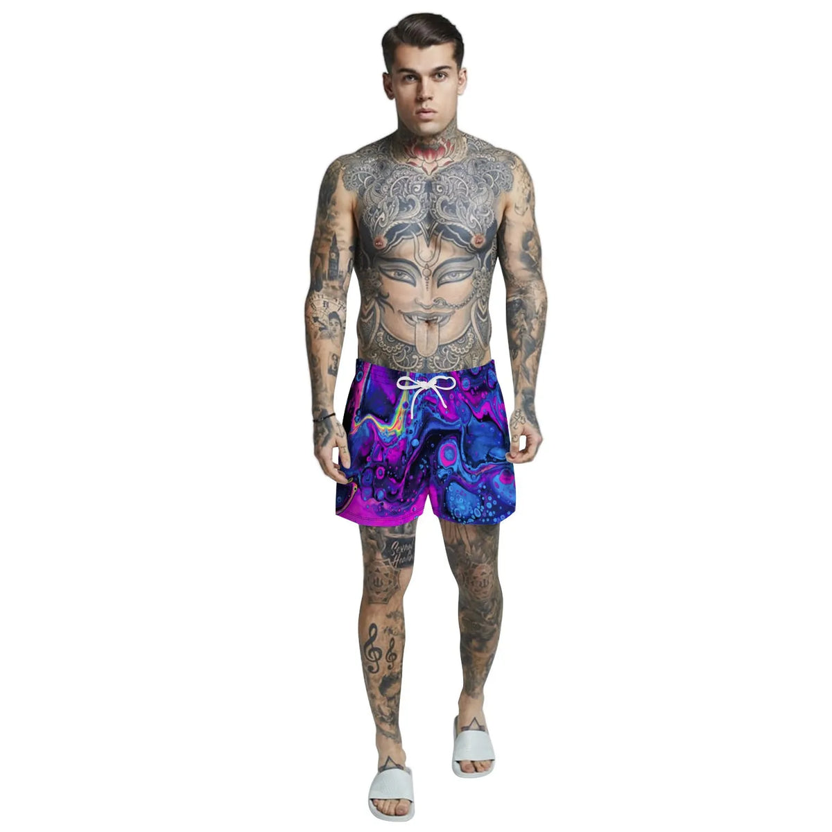 Men's casual beach shorts with digital print pattern, loose mid-waist fit, tether closure, no belt, available in four colours