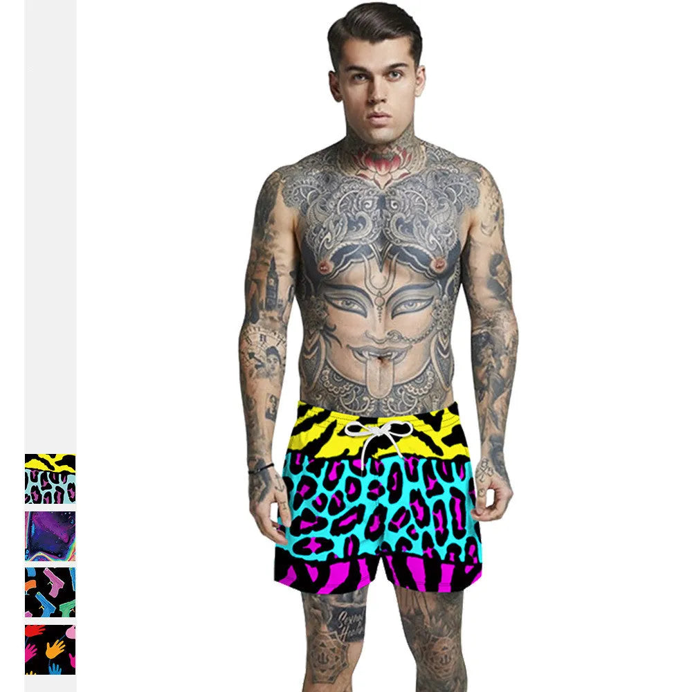 Men's casual beach shorts with digital print pattern, loose mid-waist fit, tether closure, no belt, available in four colours