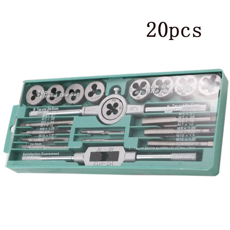 20-piece metric hand tap and die set with alloy steel taps in a storage case, showing silver and titanium-plated finishes.