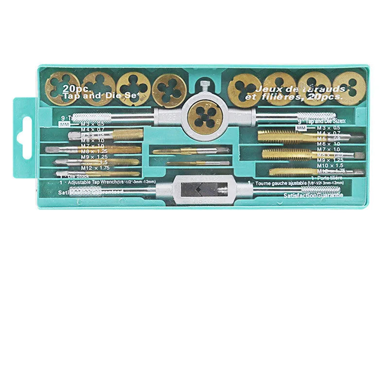20-piece metric hand tap and die set with alloy steel taps in a storage case, showing silver and titanium-plated finishes.