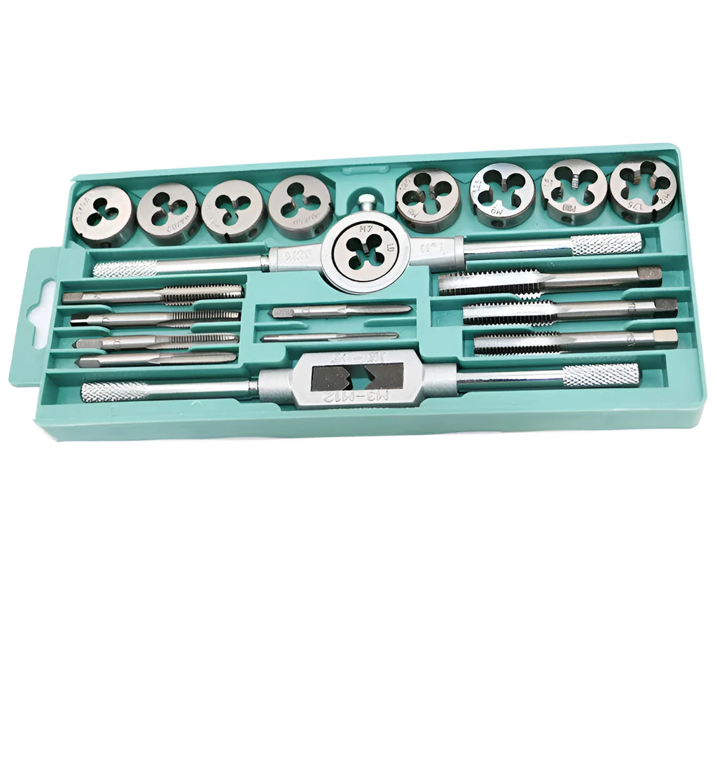 20-piece metric hand tap and die set with alloy steel taps in a storage case, showing silver and titanium-plated finishes.