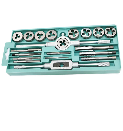 20-piece metric hand tap and die set with alloy steel taps in a storage case, showing silver and titanium-plated finishes.