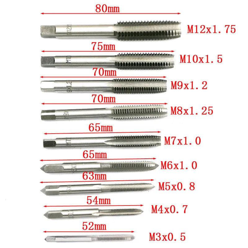 20-piece metric hand tap and die set with alloy steel taps in a storage case, showing silver and titanium-plated finishes.