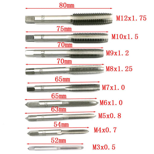 20-piece metric hand tap and die set with alloy steel taps in a storage case, showing silver and titanium-plated finishes.