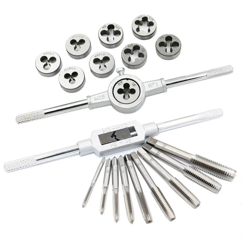 20-piece metric hand tap and die set with alloy steel taps in a storage case, showing silver and titanium-plated finishes.