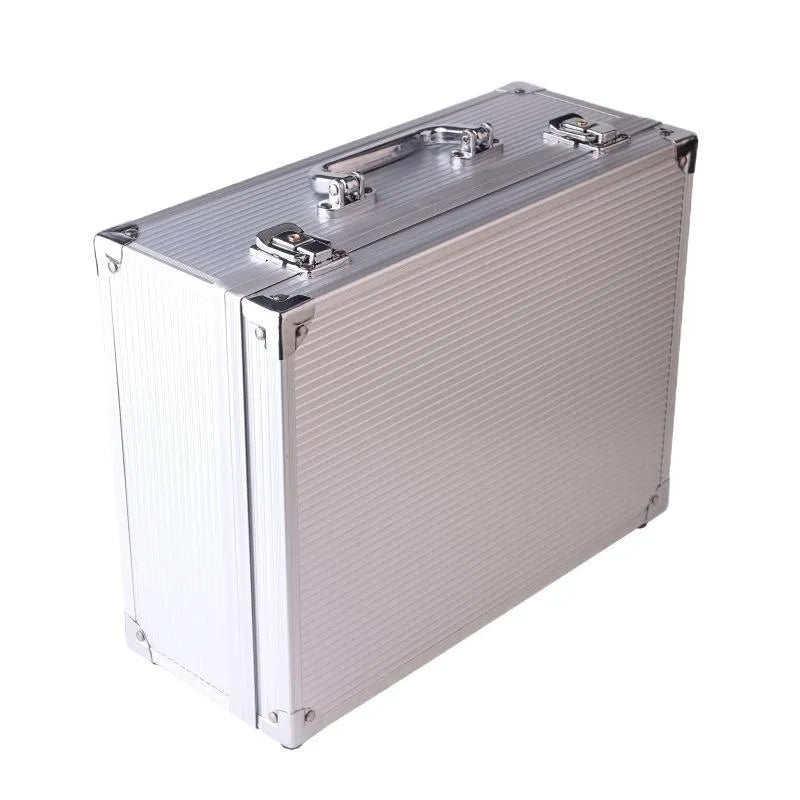 Black aluminium tattoo equipment storage case with open lid showing foam compartments for needles and bottles.