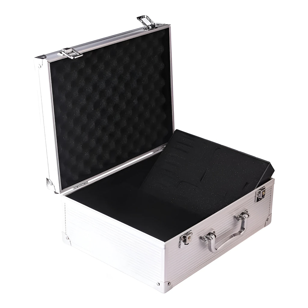 Black aluminium tattoo equipment storage case with open lid showing foam compartments for needles and bottles.