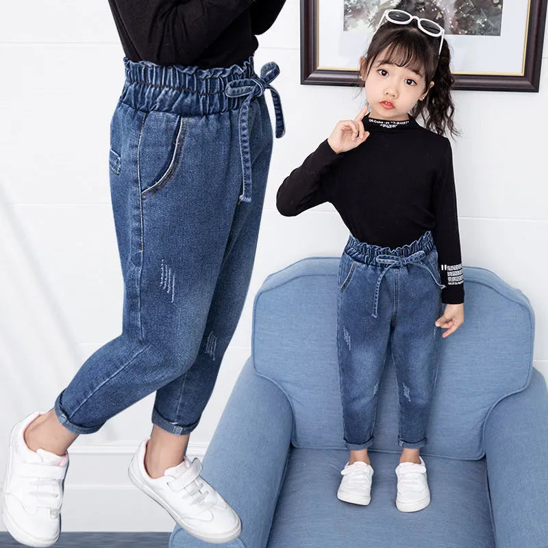 Girls loose jeans trousers cotton vinylon blend sizes 100-160cm spring autumn casual wear