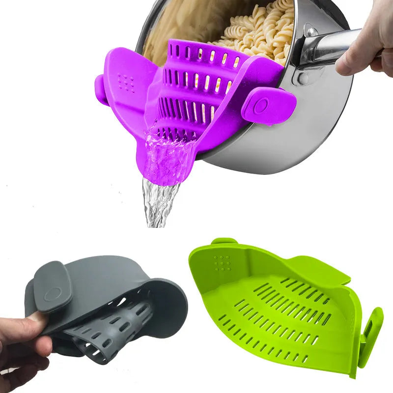 Silicone clip-on funnel strainer with stainless steel buckle for pots and pans