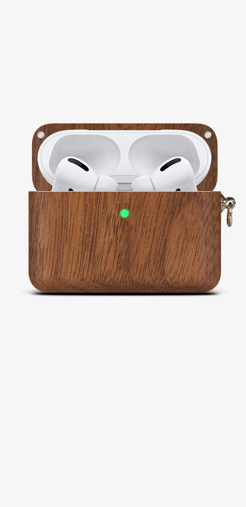 Hardwood Bluetooth earphone sleeve in a choice of wood types next to wireless earphones.