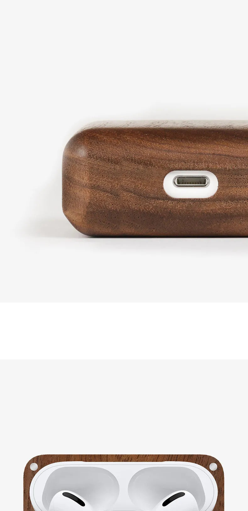 Solid walnut and bamboo wood sleeves for Bluetooth earphones on a wooden table.