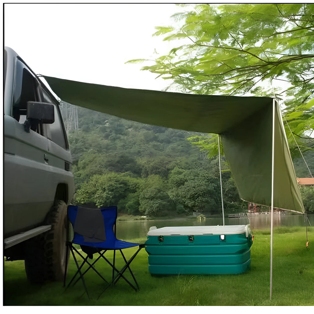 Green Unity car side awning set up next to a vehicle, showing the 2.8m x 1.8m double tent structure