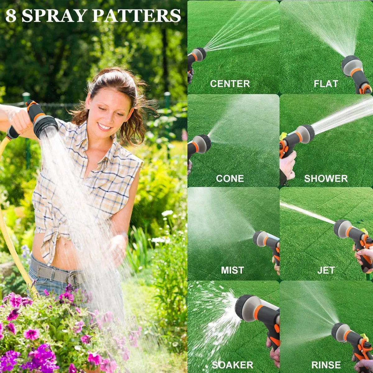 All metal garden spray gun with zinc alloy build and green handle held near potted plants