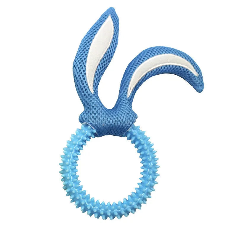 Bunny ears dog bite toy in pink, made from soft TPR material with a squeaker, 55g