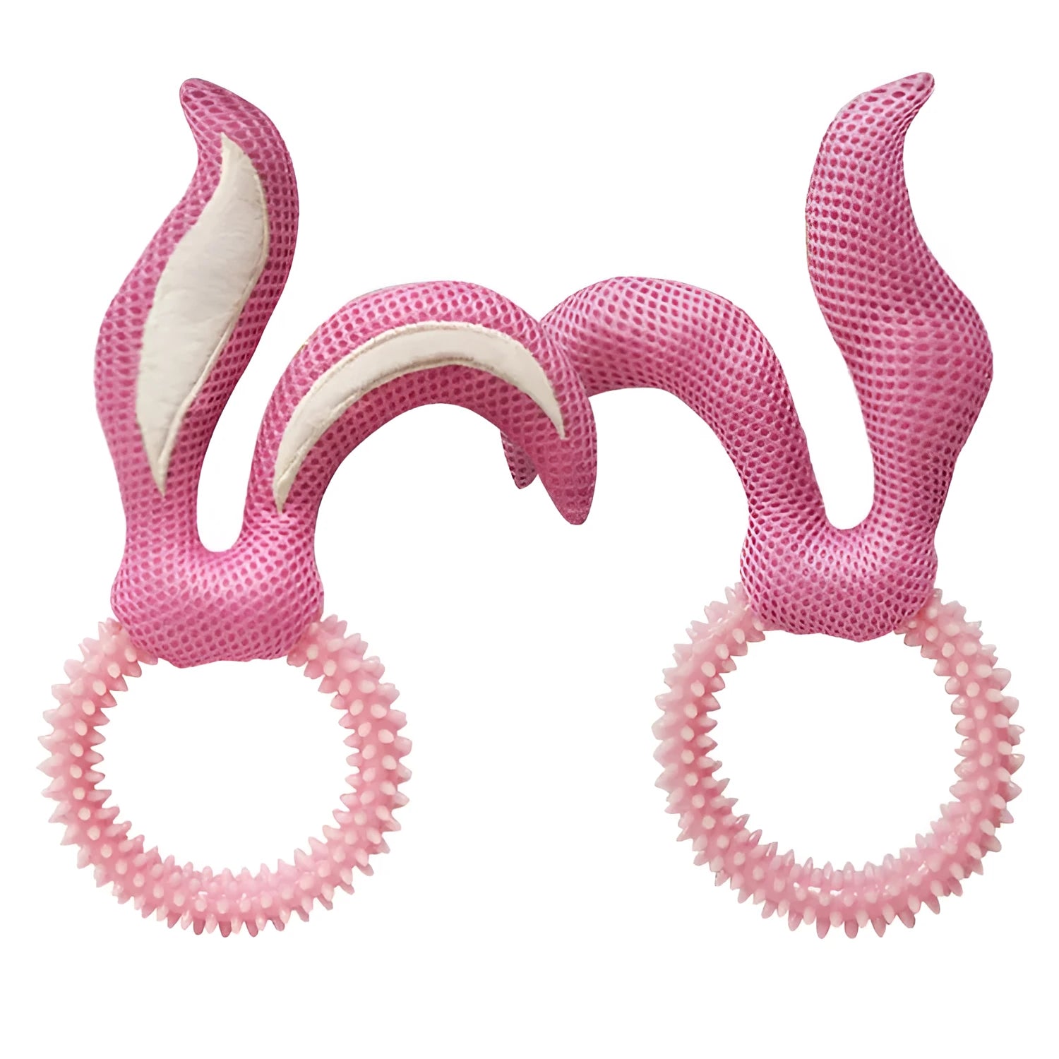 Bunny ears dog bite toy in pink, made from soft TPR material with a squeaker, 55g
