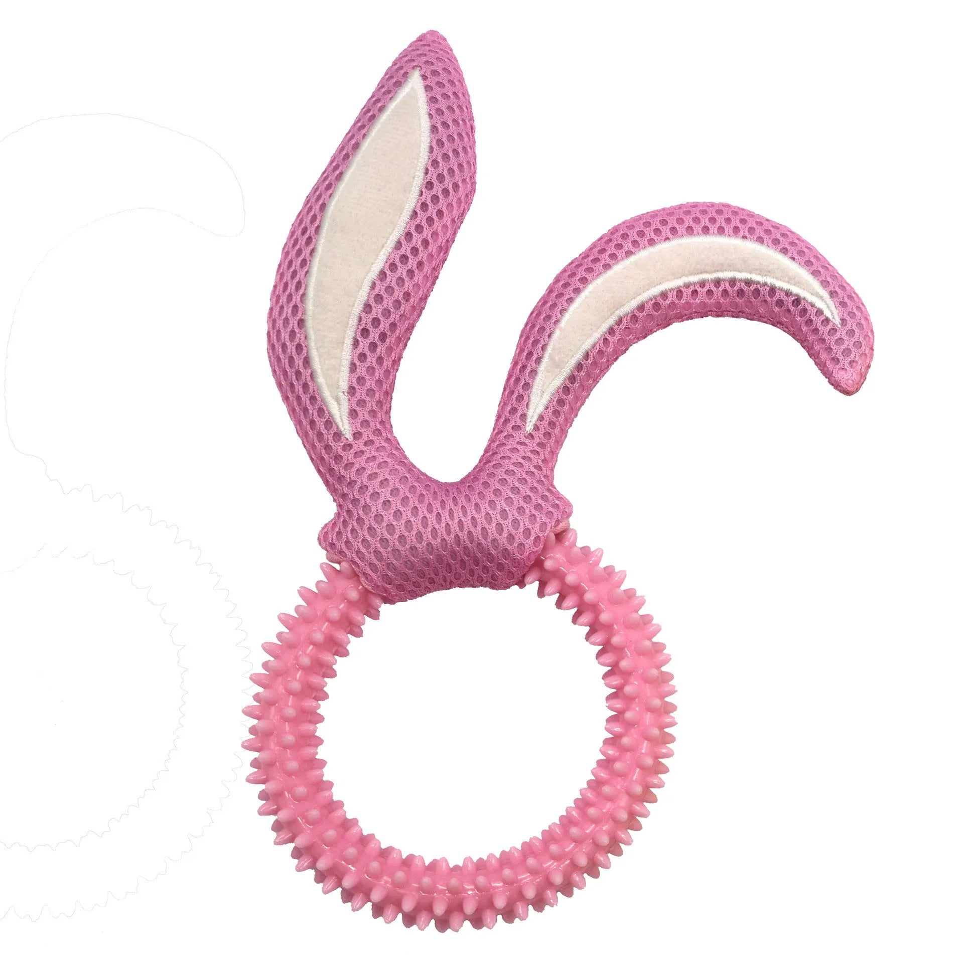 Bunny ears dog bite toy in pink, made from soft TPR material with a squeaker, 55g