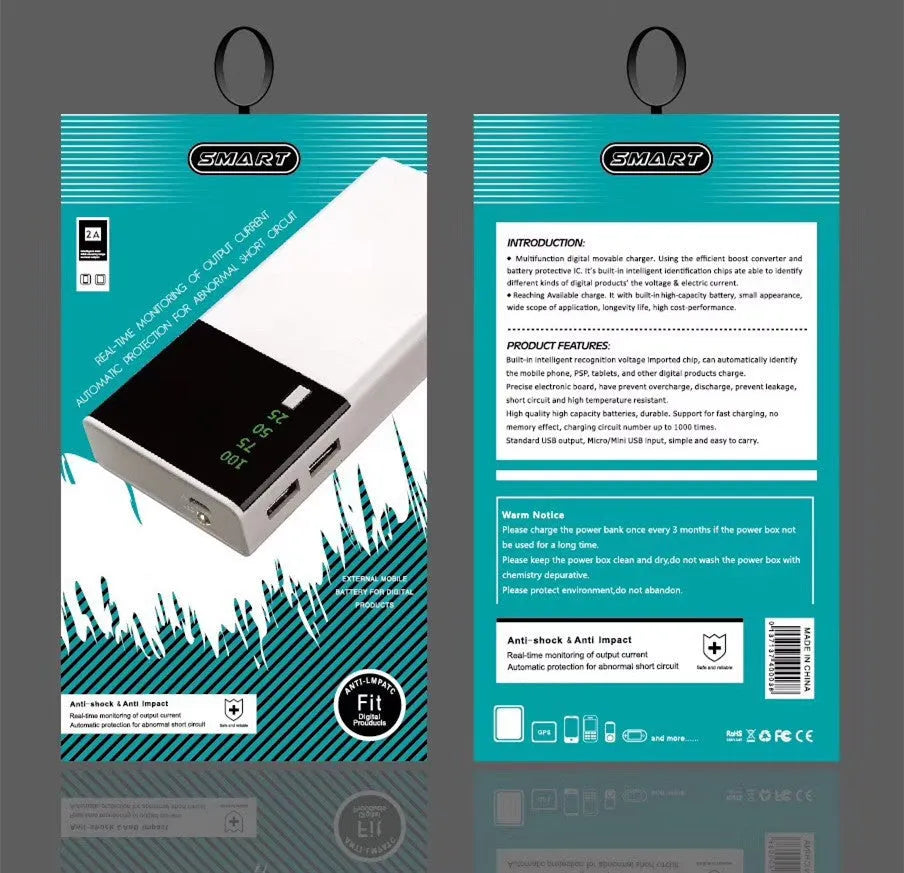 Black 20000mAh power bank portable charger with charging cable