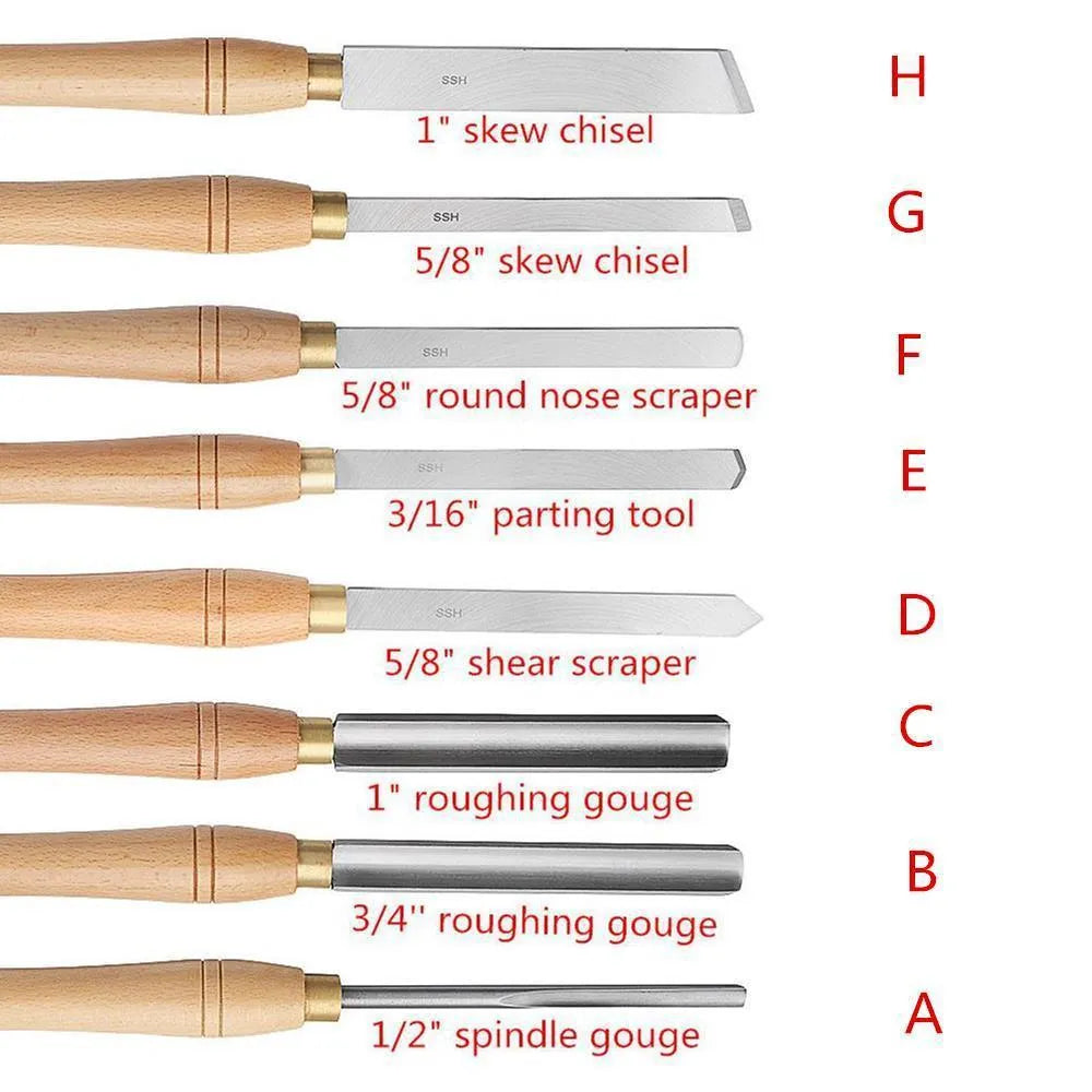 High-end 8-piece woodturning chisel set in a wooden storage box with individual slots for each tool.