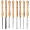 High-end 8-piece woodturning chisel set in a wooden storage box with individual slots for each tool.
