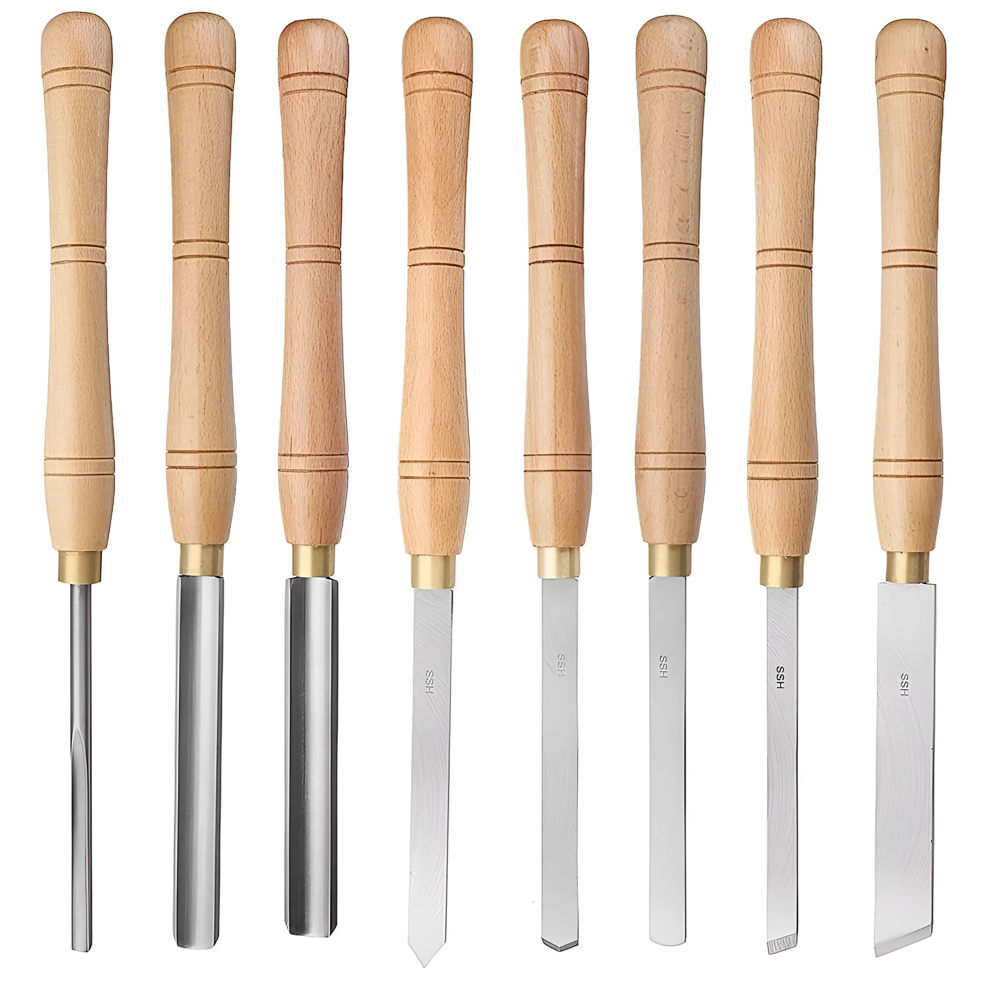 High-end 8-piece woodturning chisel set in a wooden storage box with individual slots for each tool.