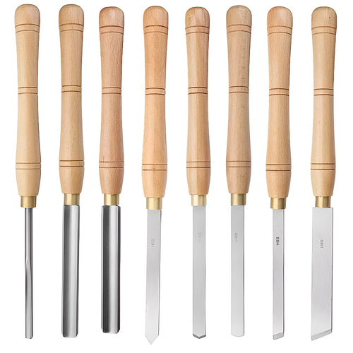 High-end 8-piece woodturning chisel set in a wooden storage box with individual slots for each tool.