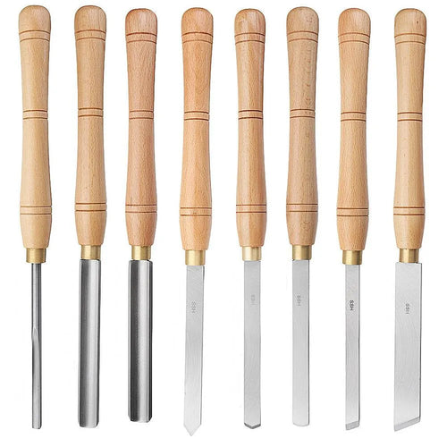 High-end 8-piece woodturning chisel set in a wooden storage box with individual slots for each tool.