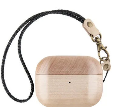 Solid wood protective sleeve for AirPods case with leather hand strap in walnut finish