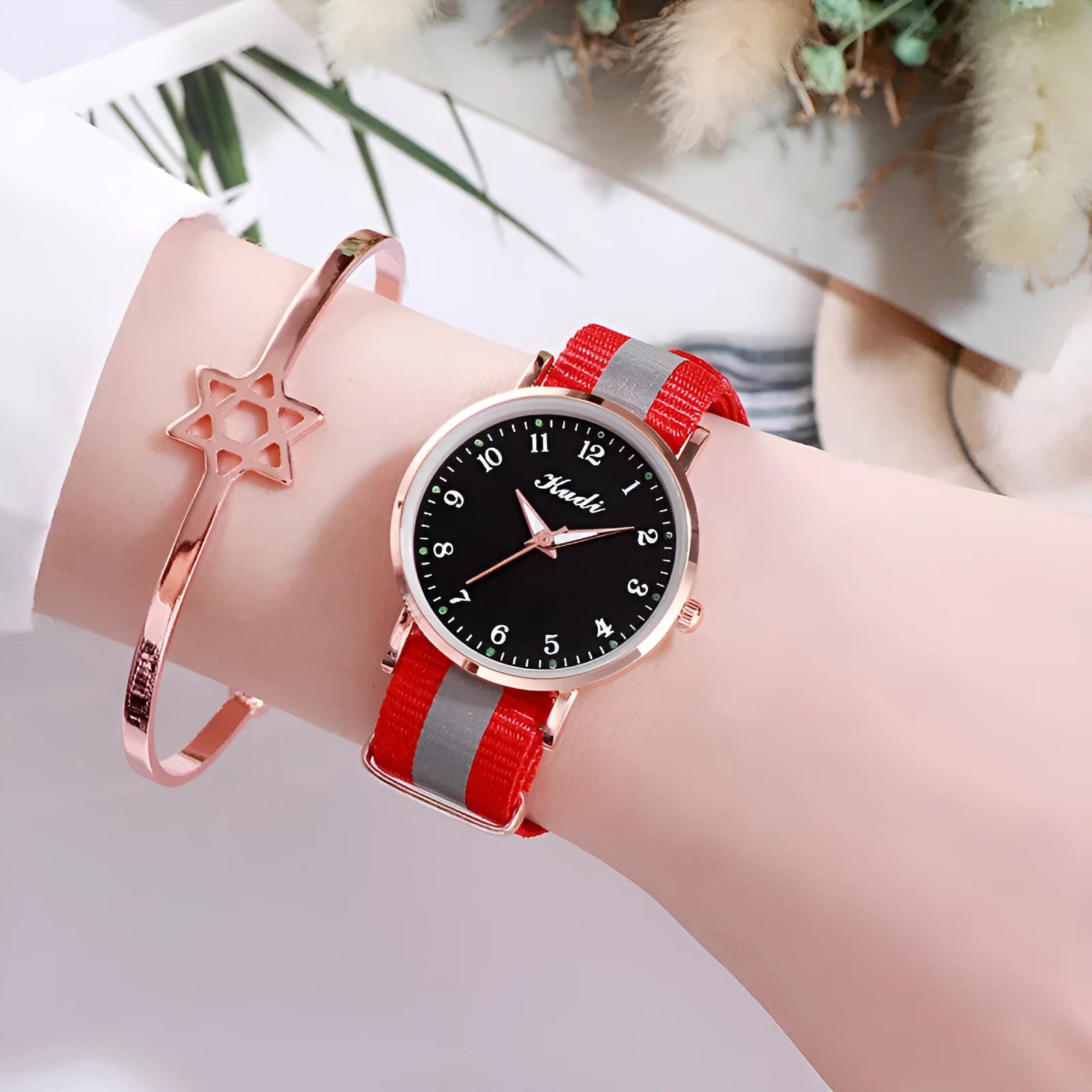 Ladies luminous starry sky watch with round 36mm dial and rainbow nylon canvas strap, pin buckle closure