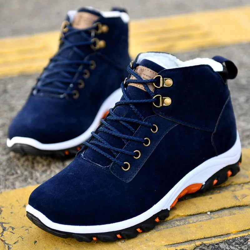 Men winter boots in cotton suede, lace-up style, available in black, blue, and yellow, foot length 24.5–27cm