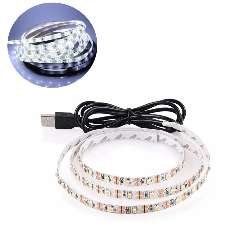 USB-powered flexible LED light strip showing multiple colour options including white, blue, and red illumination