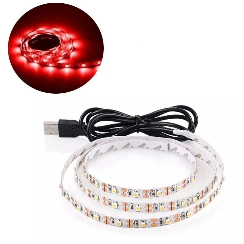 USB-powered flexible LED light strip showing multiple colour options including white, blue, and red illumination
