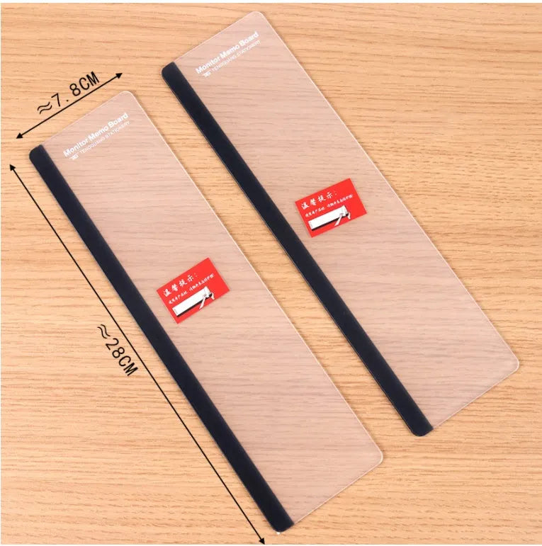 Clear acrylic computer monitor side pane 28cm x 7.8cm with sticky notes attached