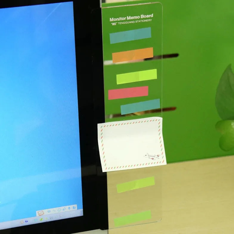 Clear acrylic computer monitor side pane 28cm x 7.8cm with sticky notes attached
