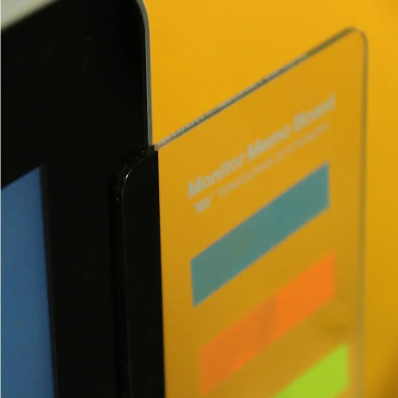 Clear acrylic computer monitor side pane 28cm x 7.8cm with sticky notes attached