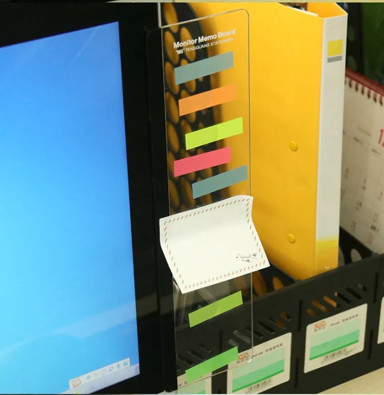 Clear acrylic computer monitor side pane 28cm x 7.8cm with sticky notes attached