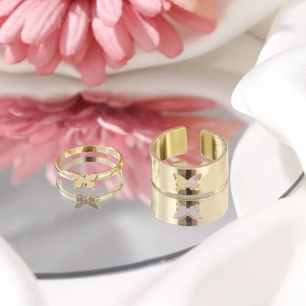 Gold and silver alloy electroplated butterfly ring set 2-piece adjustable open rings for couples