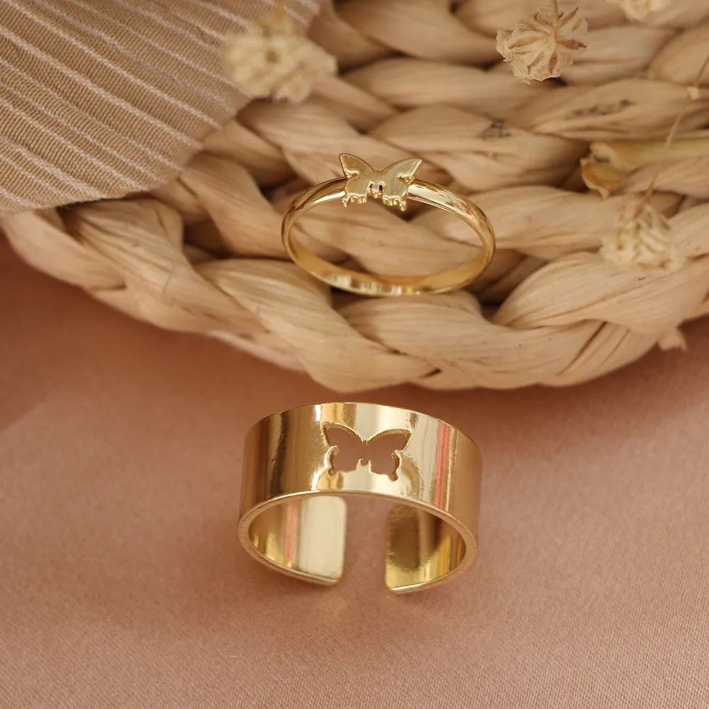 Gold and silver alloy electroplated butterfly ring set 2-piece adjustable open rings for couples