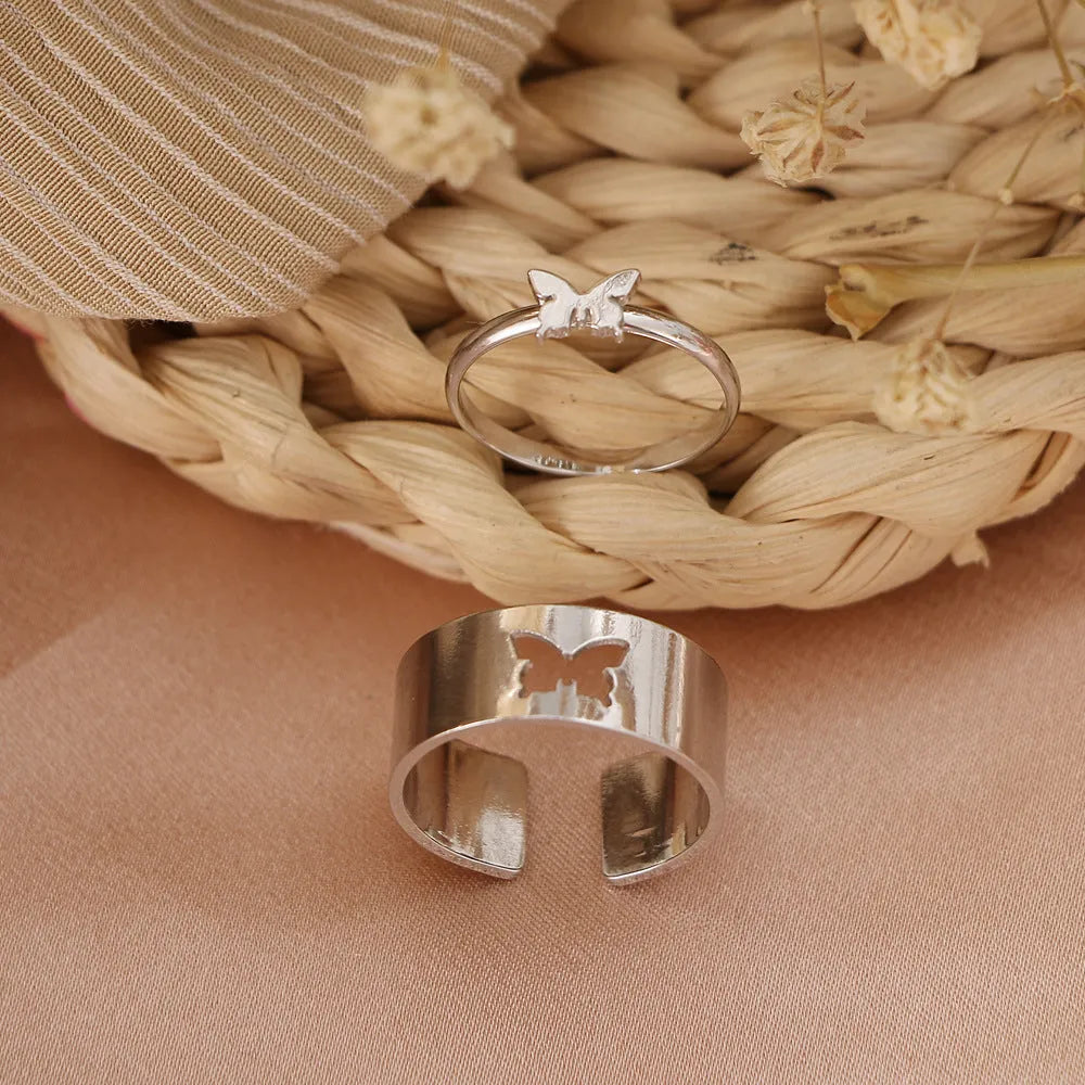 Gold and silver alloy electroplated butterfly ring set 2-piece adjustable open rings for couples