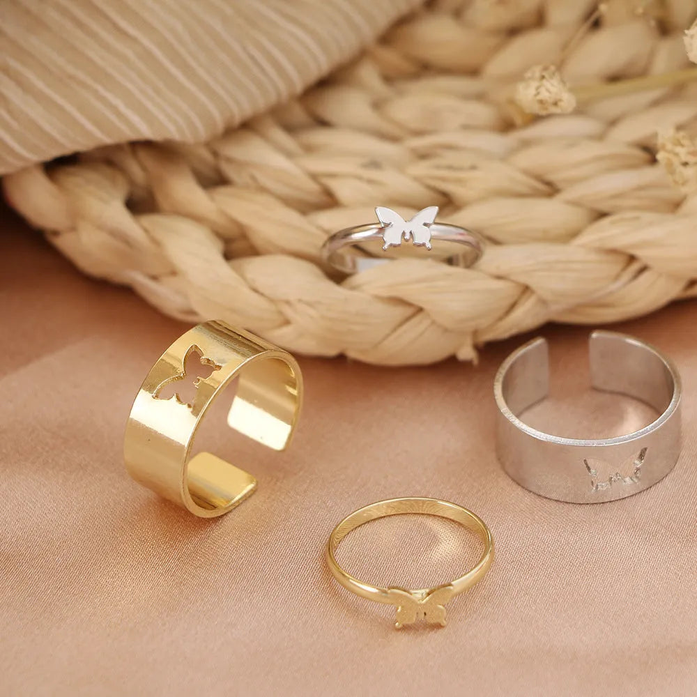 Gold and silver alloy electroplated butterfly ring set 2-piece adjustable open rings for couples