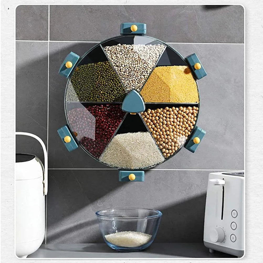 Wall-mounted rotating grain dispenser with six compartments for dry food storage in blue-yellow colour
