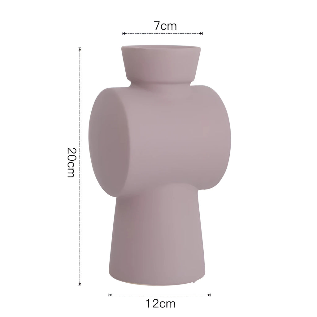 Nordic Morandi style hammer ceramic vase in beige, brown, or purple, 18cm tall.