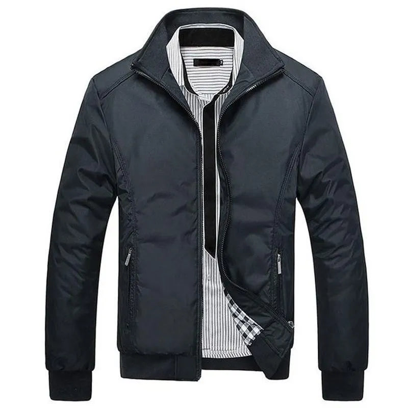 Men's blue polyester casual jacket with stand-up collar and zip front, extra-wide fit, front view.