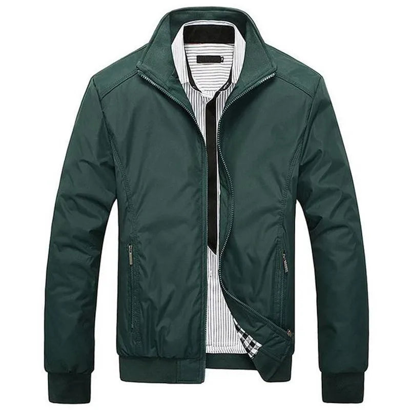 Men's blue polyester casual jacket with stand-up collar and zip front, extra-wide fit, front view.