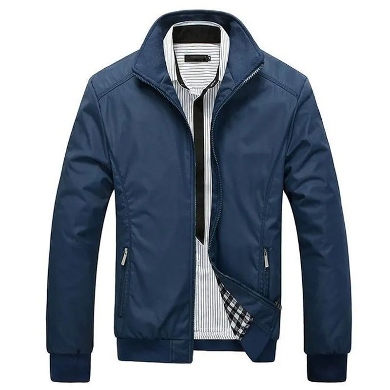 Men's blue polyester casual jacket with stand-up collar and zip front, extra-wide fit, front view.