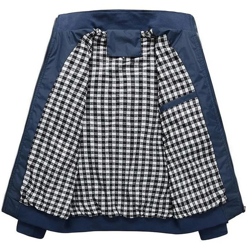 Men's blue polyester casual jacket with stand-up collar and zip front, extra-wide fit, front view.