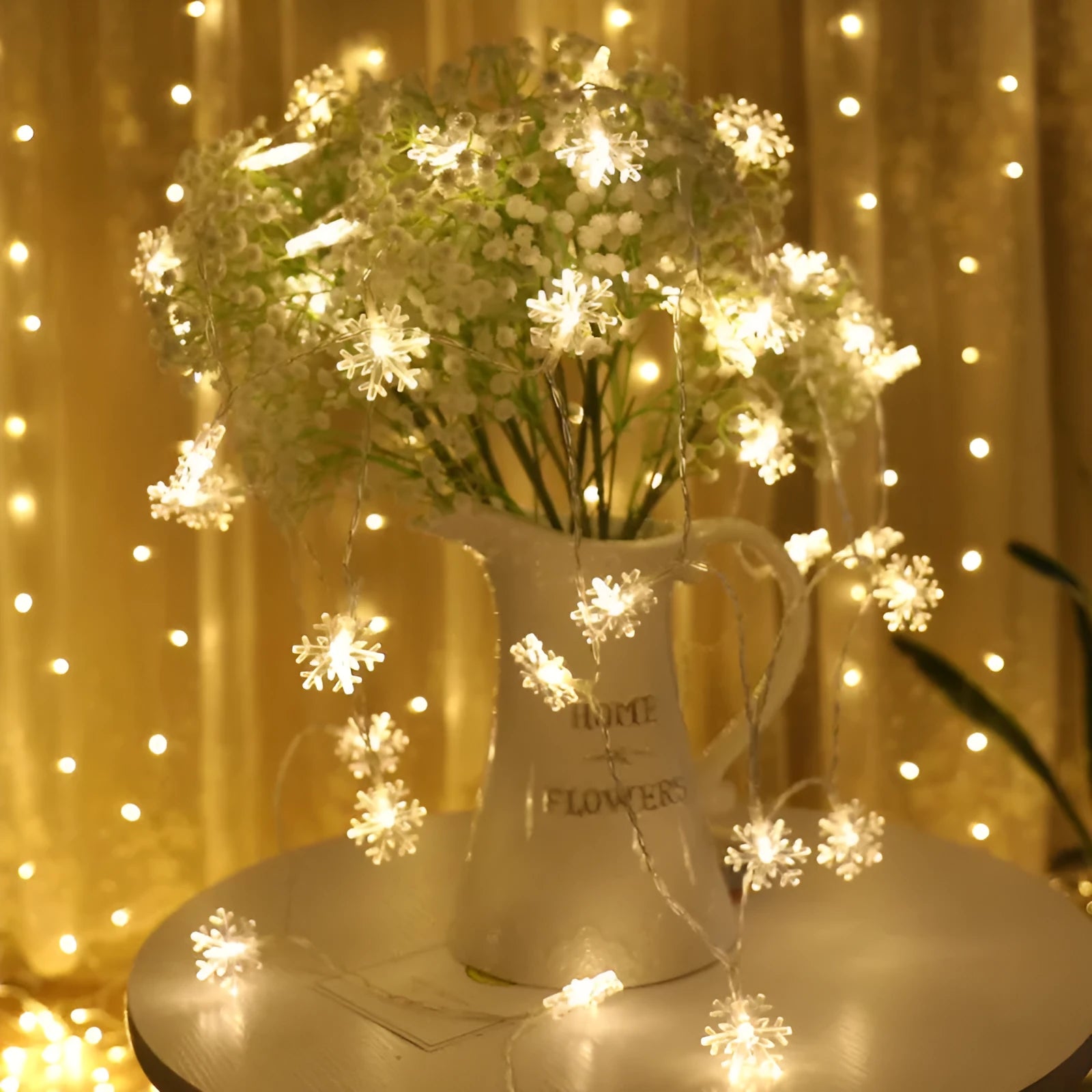 Snowflake string light garlands with PVC lights and remote control in warm white colour for Christmas tree decoration