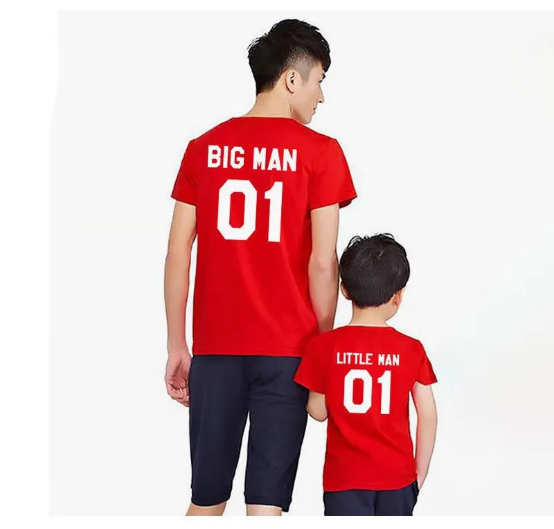 Family matching solid colour letter print T-shirt for father and son, available in black, grey, red, white, sized from child 80cm to adult XXXXL